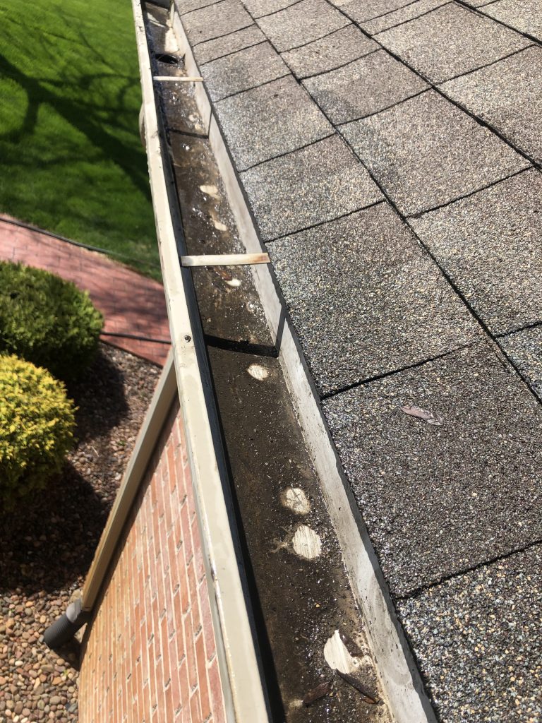 Clogged rain gutters with debris on a Pewaukee, WI home, requiring professional gutter cleaning.