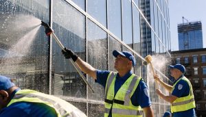 BlueLine Window Washing team of retired police officers cleaning commercial windows, emphasizing professionalism and trust