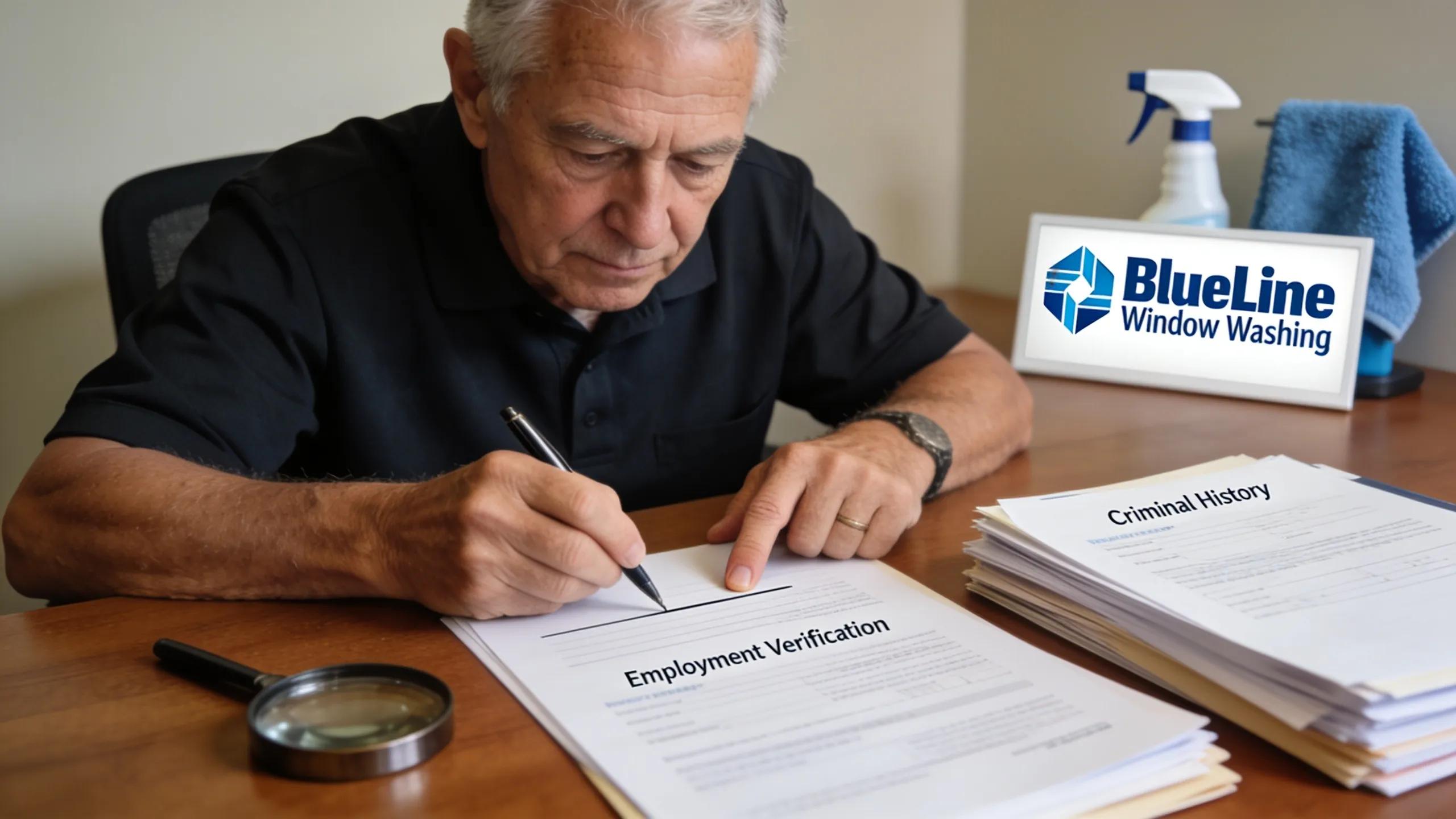 Retired police officer reviewing background check documents, highlighting BlueLine's commitment to reliability and safety