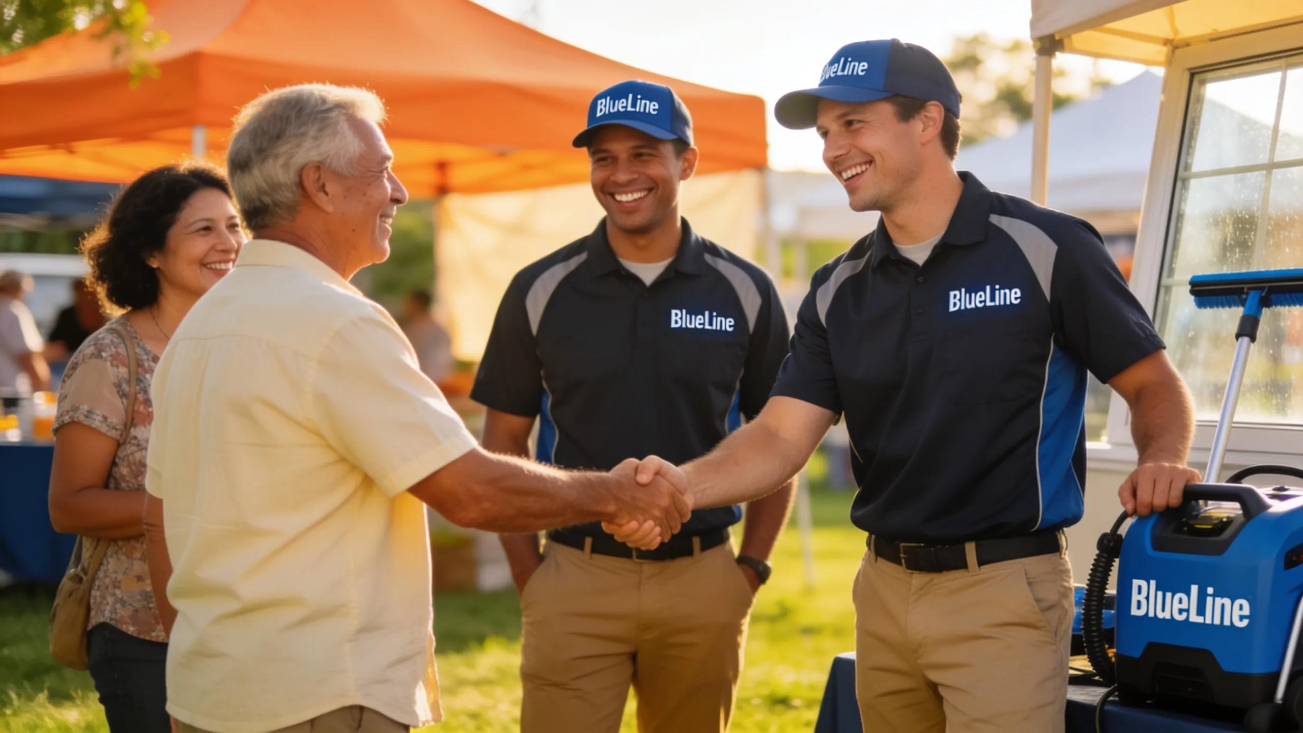 BlueLine team engaging with community members at an event, illustrating their commitment to trust and community service